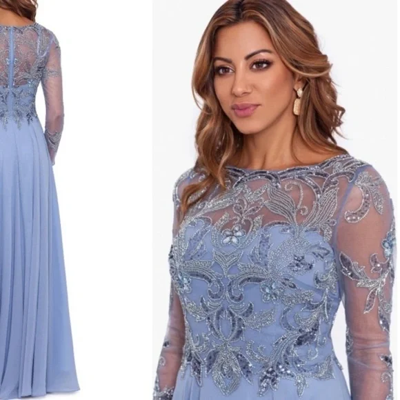 XSCAPE Petite Sequin Embellished Long Sleeve BoatNeck Chiffon Gown in Dusty Blue - Picture 2 of 10